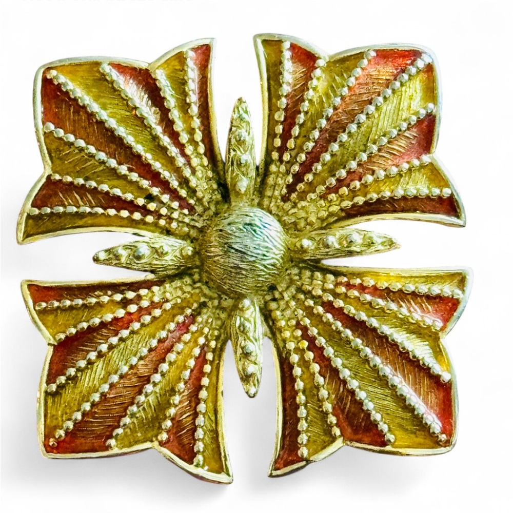 Vintage Orange and Gold Enamel Large Maltese Cross Pendant
